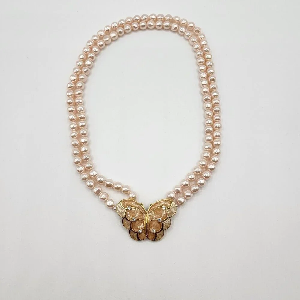 Vintage KJL For Avon Faux Pearl, Enamel Butterfly Necklace - Picture 2 of 12